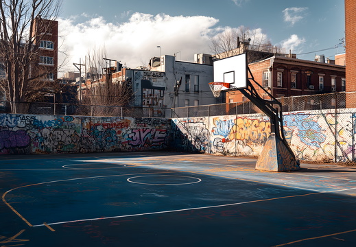Graffiti-Basketballplatz in urbanem Viertel
