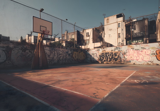 Verlassener Street-Basketballplatz mit Graffiti