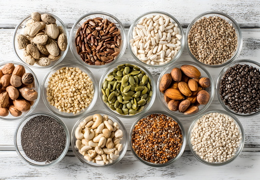 Verschiedene Körner und Samen in Schalen arrangiert