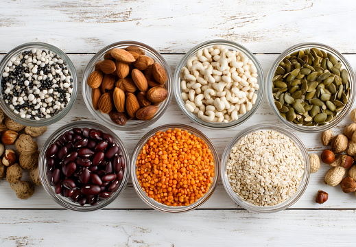 Samen und Nüsse in Glas auf weißem Holztisch