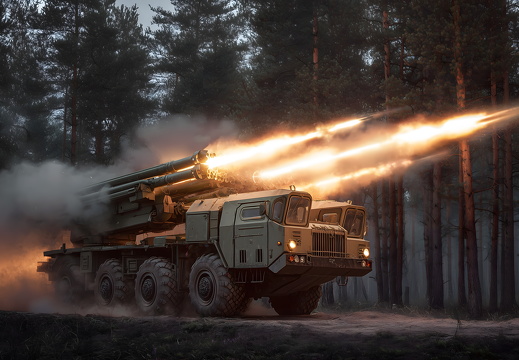 Militärischer Raketenwerfer schießt im Wald