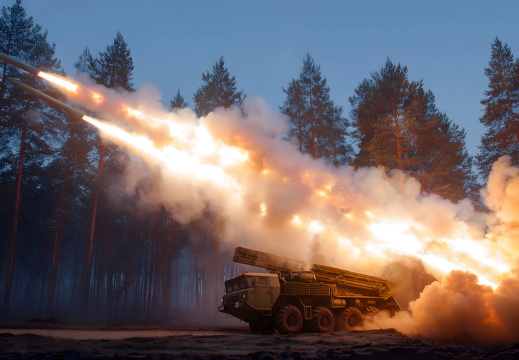 Raketenwerfer feuert Raketen im Wald bei Dämmerung