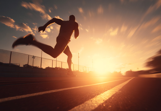 Sprinter beim Start auf Laufbahn mit Sonnenlicht