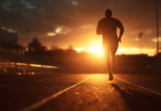 Läufer auf Laufbahn bei Sonnenaufgang