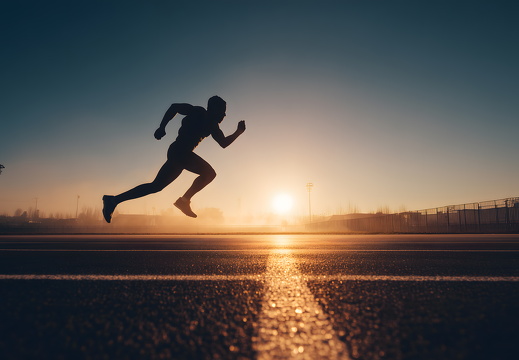 Läufer sprintet bei Sonnenaufgang auf Bahn