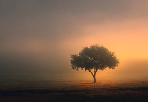 Einzelner Baum im Sonnenaufgang auf nebligem Feld