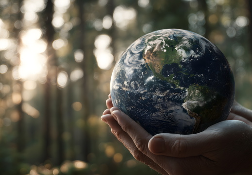 Erde in Händen vor Wald im Sonnenlicht