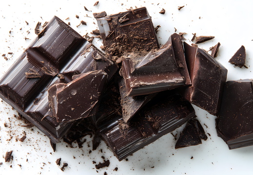 Zerbrochene dunkle Schokolade mit Krümeln auf weißer Fläche