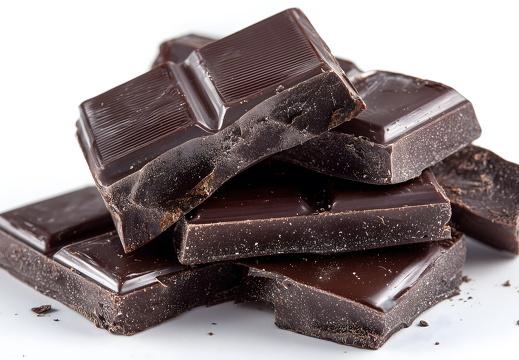 Dunkle Schokoladenstücke auf weißem Hintergrund im Stapel