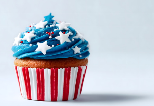 Cupcake mit blauer Creme und weißen Sternen im USA-Streifenförmchen