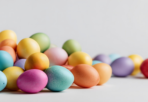 Viele bunte Ostereier liegen auf weißem Hintergrund nebeneinander