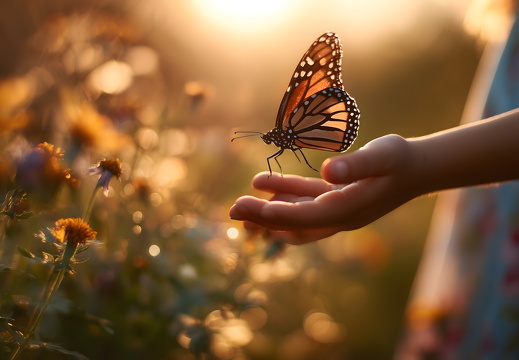 Schmetterling auf Kinderhand bei Sonnenuntergang im Garten