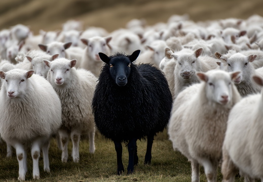 Schwarzes Schaf mittig in dichter Gruppe weißer Schafe auf Wiese