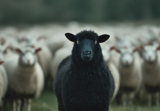 Schwarzes Schaf steht vor weißer Herde in unscharfer Landschaft