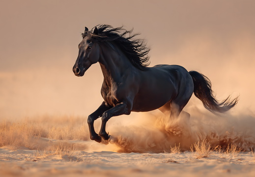 Schwarzes Pferd galoppiert kraftvoll durch Sand bei Sonnenuntergang