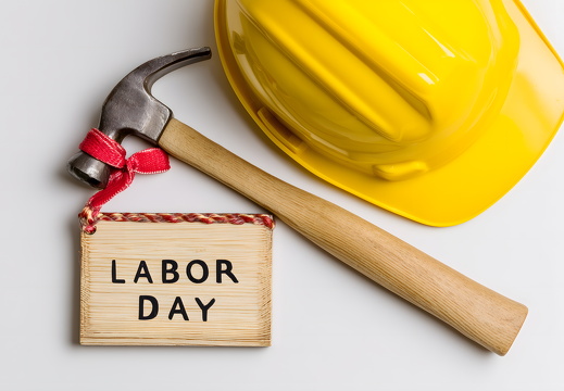 Helm und Hammer mit Labor Day Schild als Symbol für Arbeitstag