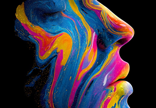 Bunt bemaltes Gesicht im Profil mit blauer Grundfarbe und Farbverlauf