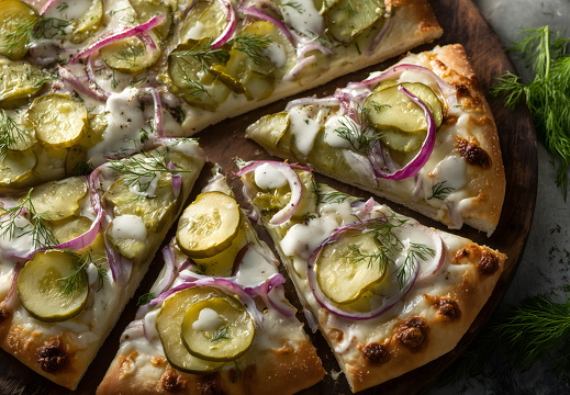 Gurkenpizza mit roten Zwiebeln und Dillsauce