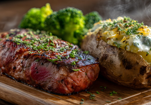 Steak mit Ofenkartoffel und Brokkoli auf Holzbrett