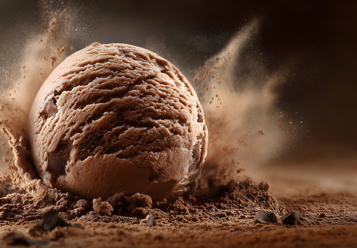 Schokoeiskugel mit Kakaopulver in dynamischer Bewegung