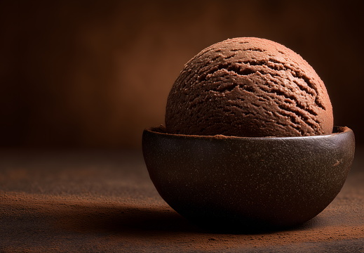 Schokoladeneis in schwarzer Schale vor braunem Hintergrund