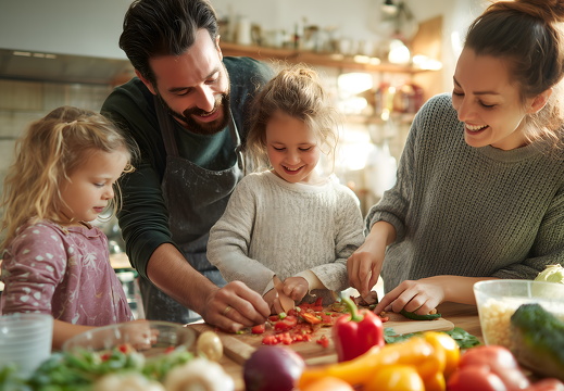 Familie kocht gemeinsam mit Kindern in heller Küche