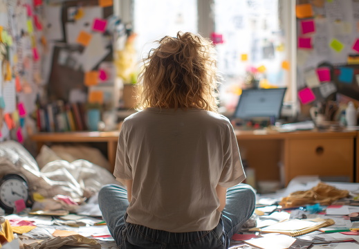 Mädchen sitzt im chaotischen Arbeitszimmer mit Notizen