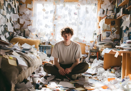 Jugendlicher sitzt im chaotischen Zimmer voller Papier