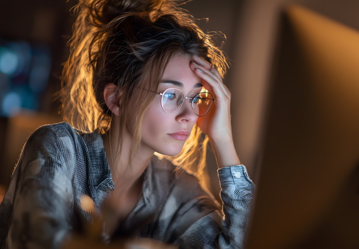 Frau mit Brille kämpft am Computer mit Konzentration