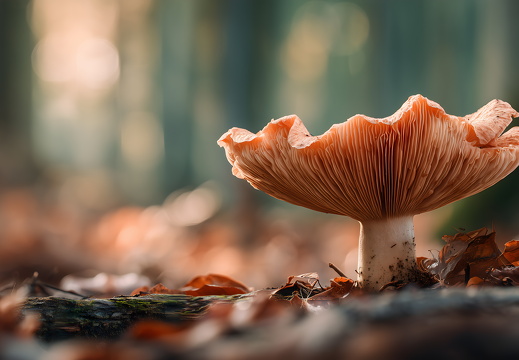 Pilz auf Waldboden mit Herbstlaub im Sonnenlicht