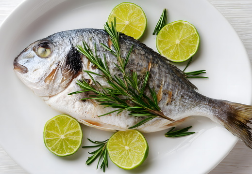 Dorade mit Rosmarin und Limetten auf rundem Teller serviert