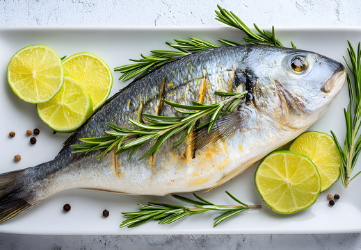 Dorade mit Limetten und Rosmarin auf weißem Teller angerichtet
