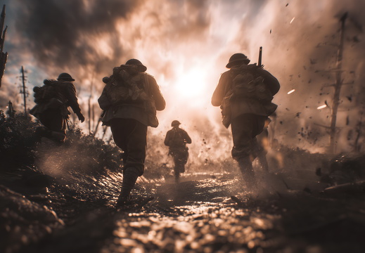 Soldaten im Gefecht auf zerstörtem Schlachtfeld bei Sonnenuntergang