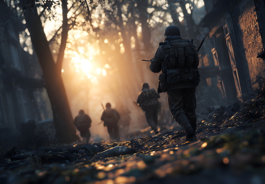 Soldaten marschieren durch zerstörte Stadt im Krieg