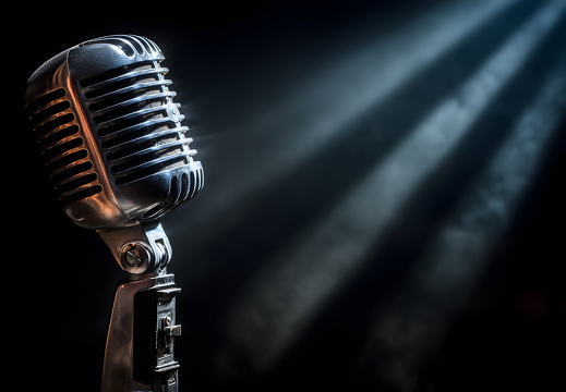 Nahaufnahme eines Retro-Mikrofons im Bühnenlicht
