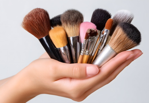 Kosmetikpinselset in zwei Händen gehalten isoliert