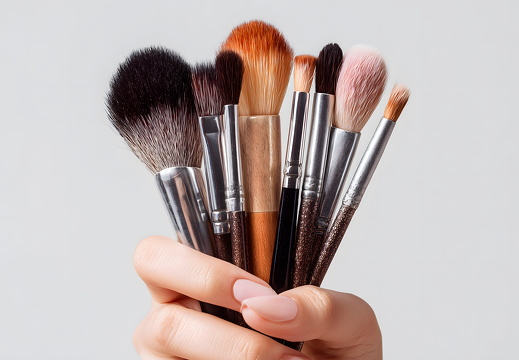 Make-up Pinsel in Hand isoliert auf hellgrau