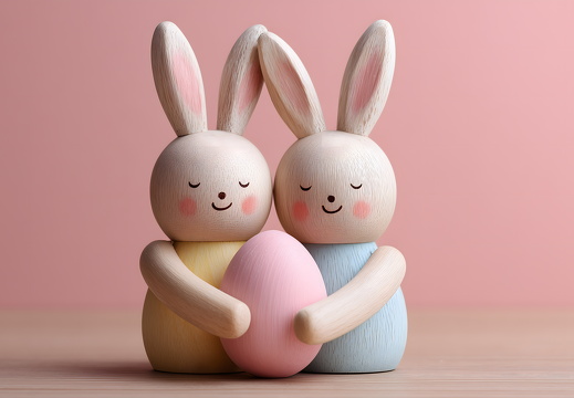 Holzhasen mit Osterei vor rosa Hintergrund