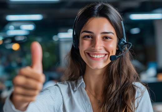 Support-Agentin mit Daumen hoch im Großraumbüro#