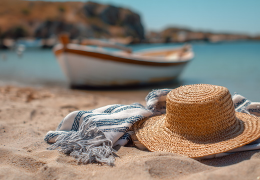 Urlaubsfeeling: Strohhut am Strand mit Boot im Hintergrund
