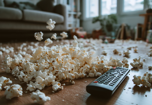 Verschüttetes Popcorn mit Fernbedienung auf Holzboden