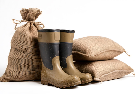 Gummistiefel mit Sandsäcken bei Hochwasser