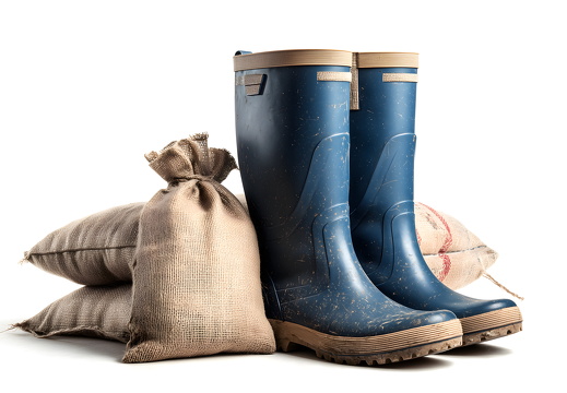 Blaue Gummistiefel mit Sandsäcken