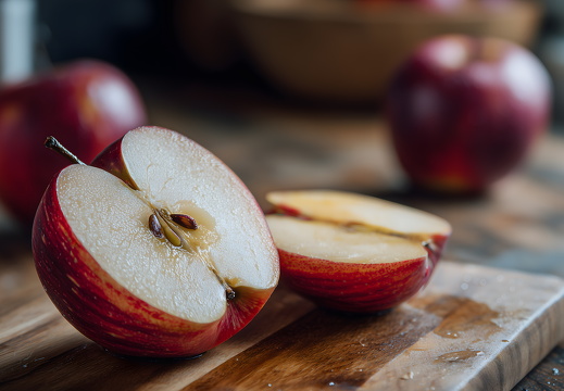 Aufgeschnittener roter Apfel auf Holzbrett