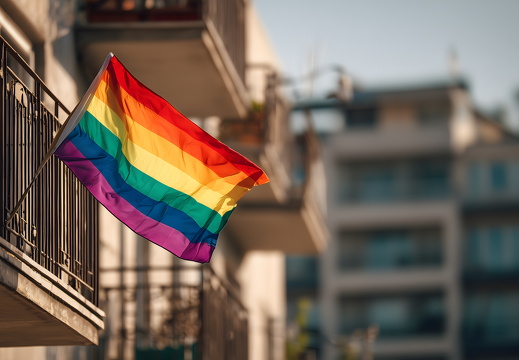 Regenbogenflagge auf Balkon im Sommer