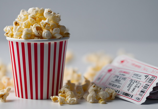 Popcornbecher mit Kinotickets auf Tisch