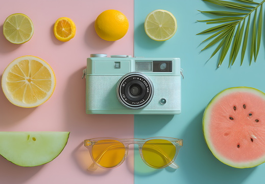 Sommer Collage mit Kamera Früchten und Sonnenbrille