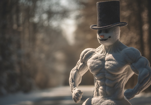 Muskelprotz Schneemann mit Zylinder im Wald bei Sonnenlicht