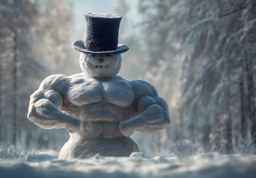 Muskelbepackter Schneemann mit Zylinder im verschneiten Wald