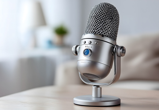 Silbernes Podcast Mikrofon auf Schreibtisch